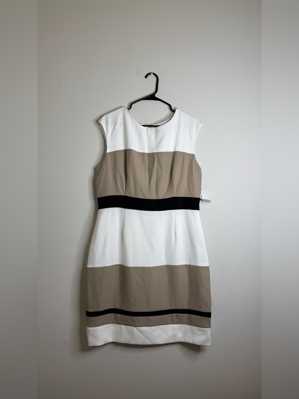 Studio I White, Taupe and Black Striped Midi Sheath Dress